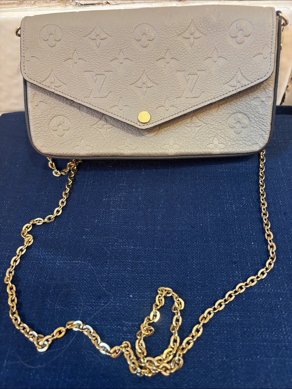 Louis Vuitton Taupe Embossed Monogram Crossbody with Gold Chain Strap